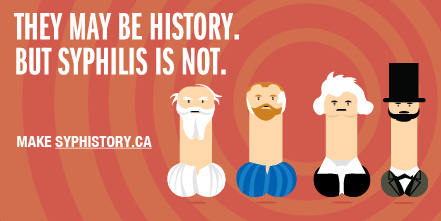 Funny comic that says they may be history, but syphilis is not referring to old founding-father-looking penises